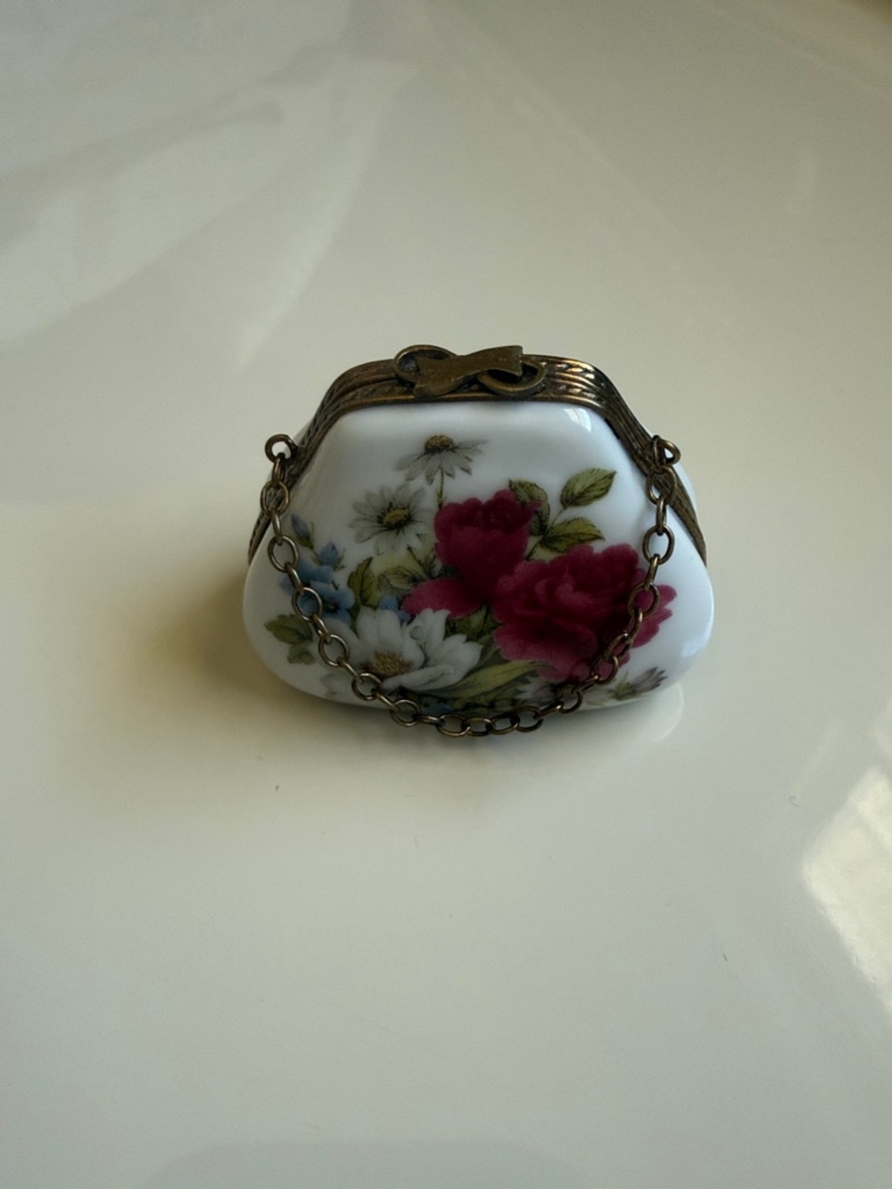 Limoges White Porcelain Mini Purse Trinket Box with Pink Floral Decal